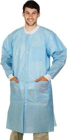 Disposable Lab Coats in Bulk. Pack of 50 Sky Blue SPP 45 gsm Work Gowns XX-Large. Protective Clothing with Snaps Front; Knitted Cuffs & Collar; 3 Pock