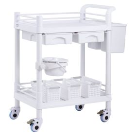 VEVOR 2 Tiers Lab Carts Mobile Medical Cart 2 Trays 2 Drawers 3 Trash Cans White