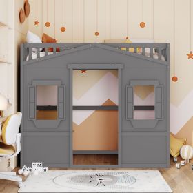 Twin Size House Loft Bed With Ladder (Color: Gray)
